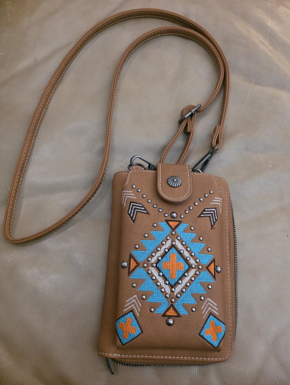 Brown Embroidered Crossbody Phone Wallet with Turquoise & Orange Accents
